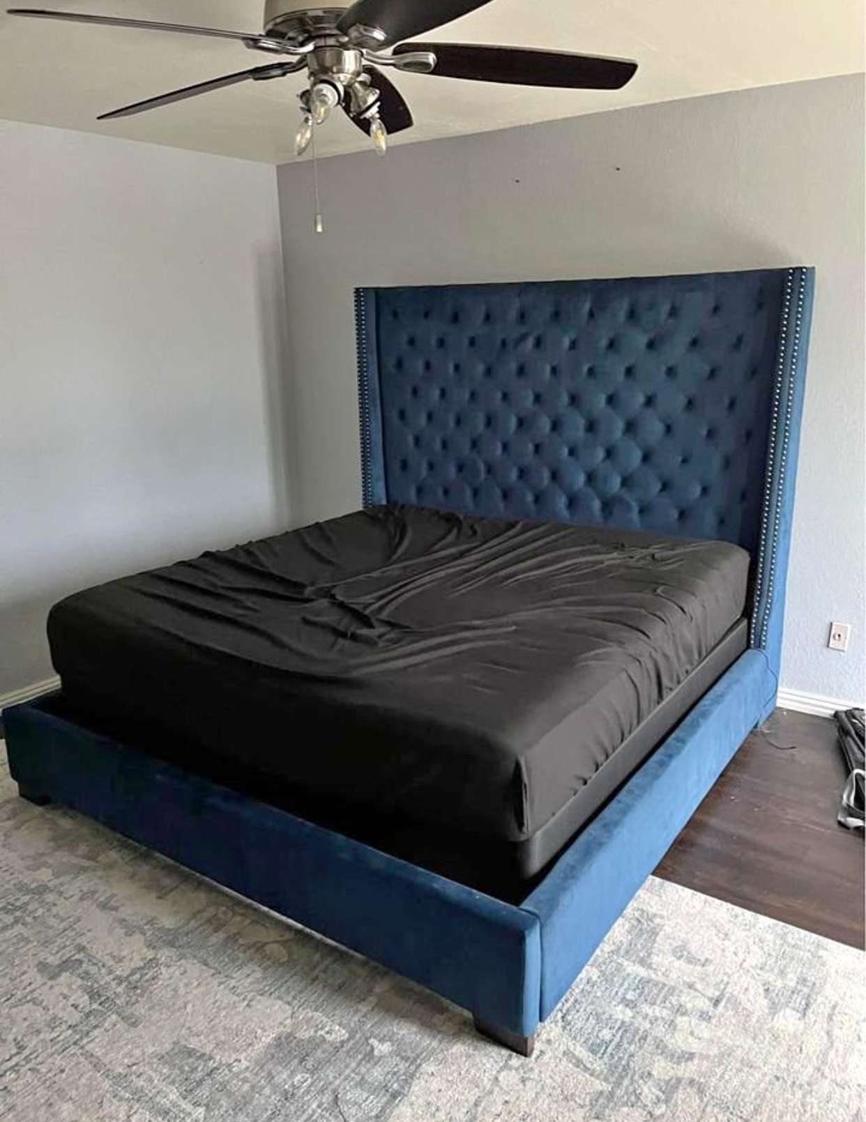 Grey tall tufted headboard King bed with storage bench