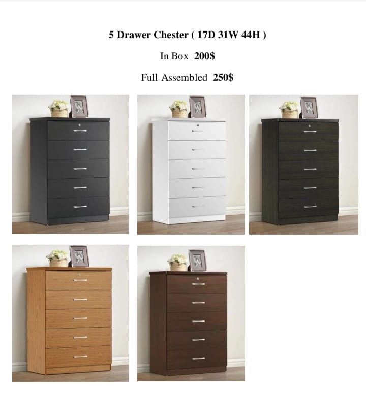 5 drawer chester, $200 in box, $250 assembled, five color options