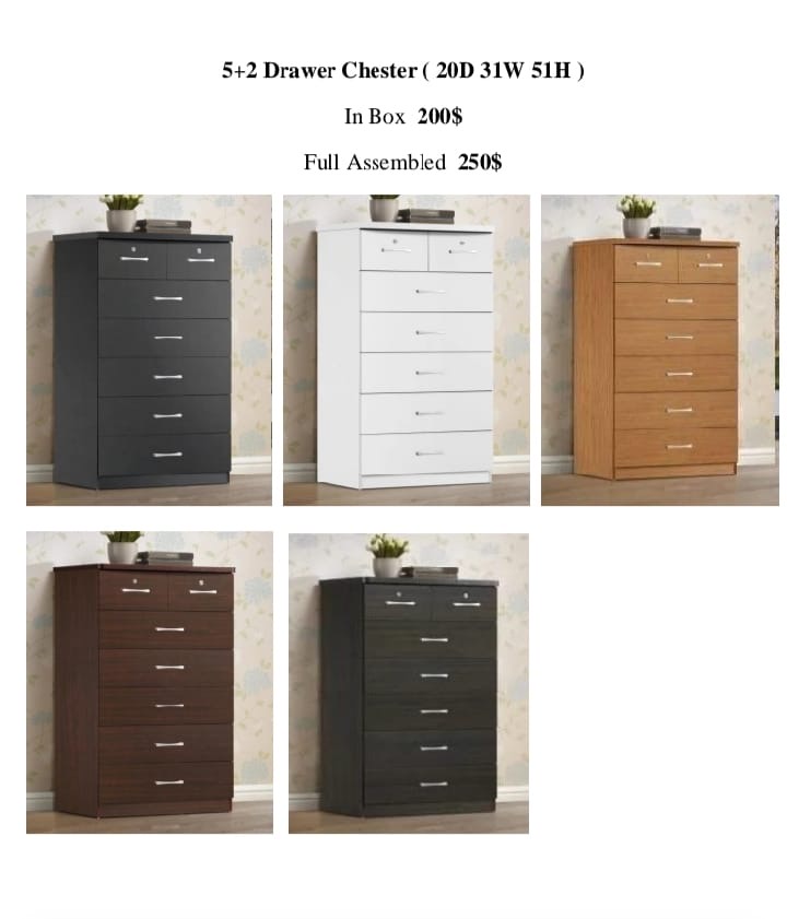 5+2 drawer chester, $200 in box, $250 assembled, five color options