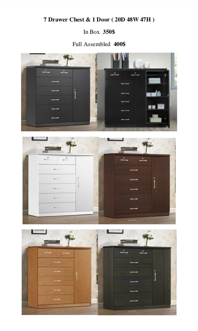 7 drawer chest with 1 door, $350 in box, $400 assembled, six color options