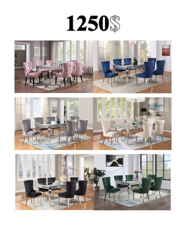 Tufted velvet dining set with mirrored table, $1250, six color options