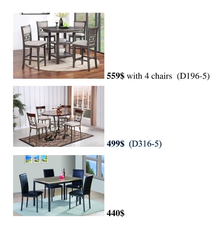 Counter height wood dining sets, prices ranging $440 to $559