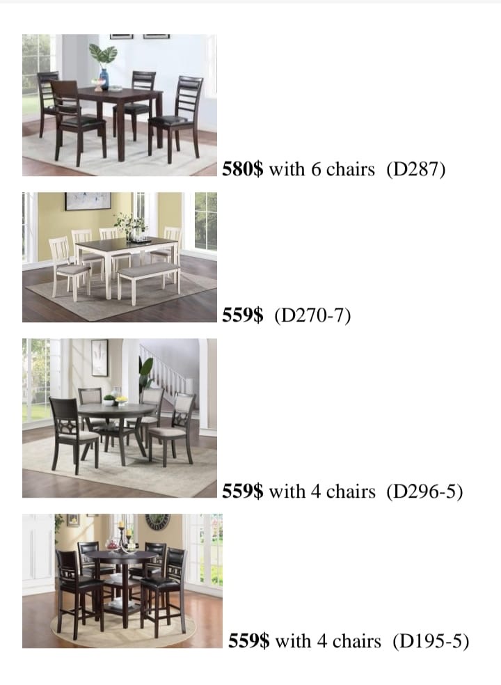 Wood dining sets, prices ranging $559 to $580