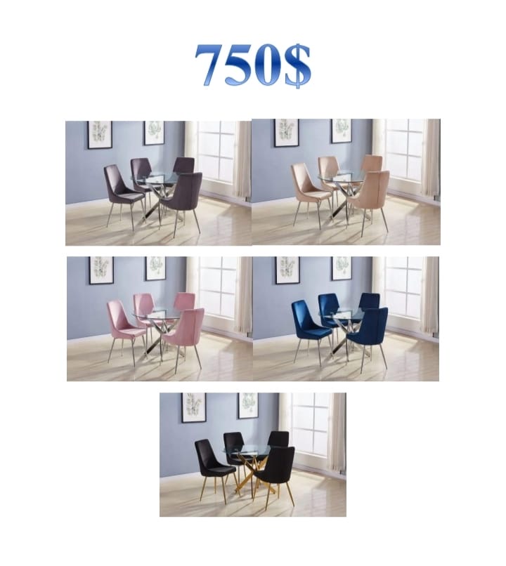 Velvet bistro dining set with glass table, $750, five color options