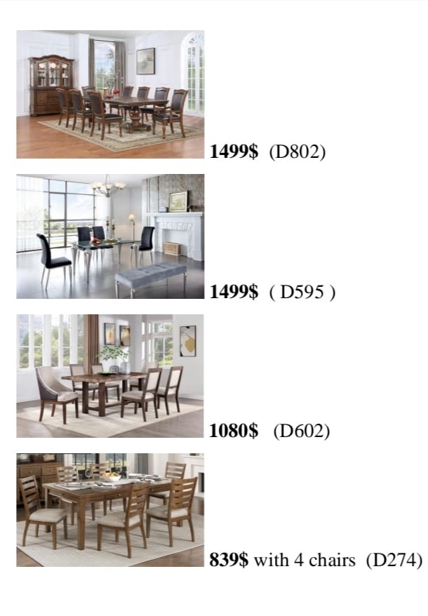 Traditional wood dining sets, prices ranging $839 to $1499
