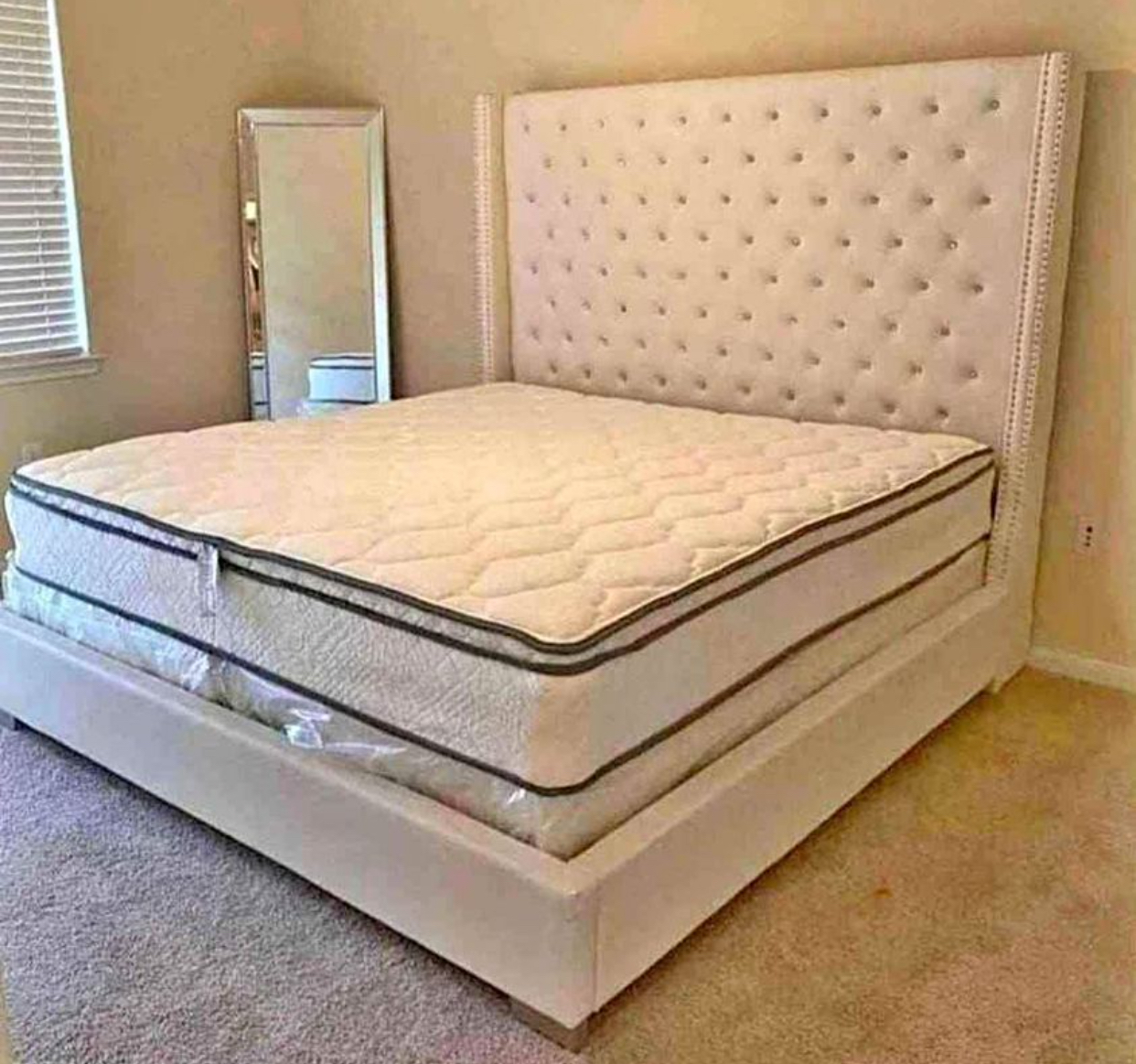 Cream tall tufted headboard bed set